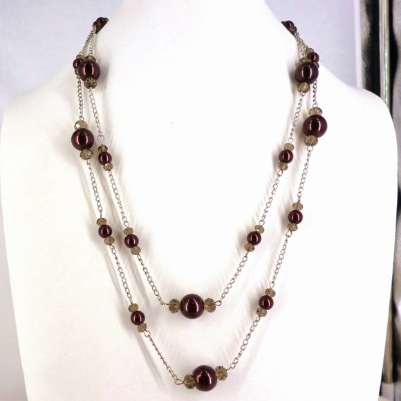 Nolan Miller Burgundy Necklace Shell Pearls & Crystals 49" 1980s NWOT Perfect - Picture 1 of 4